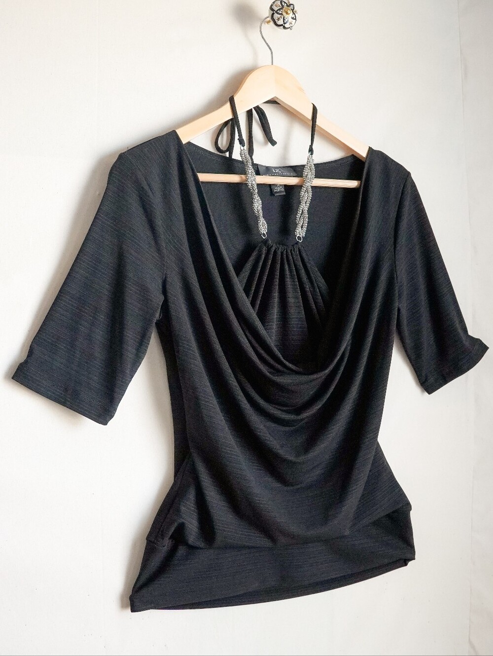 IZ Byer California Black Cowl Neck Halter Beaded Going Out Top M NWT